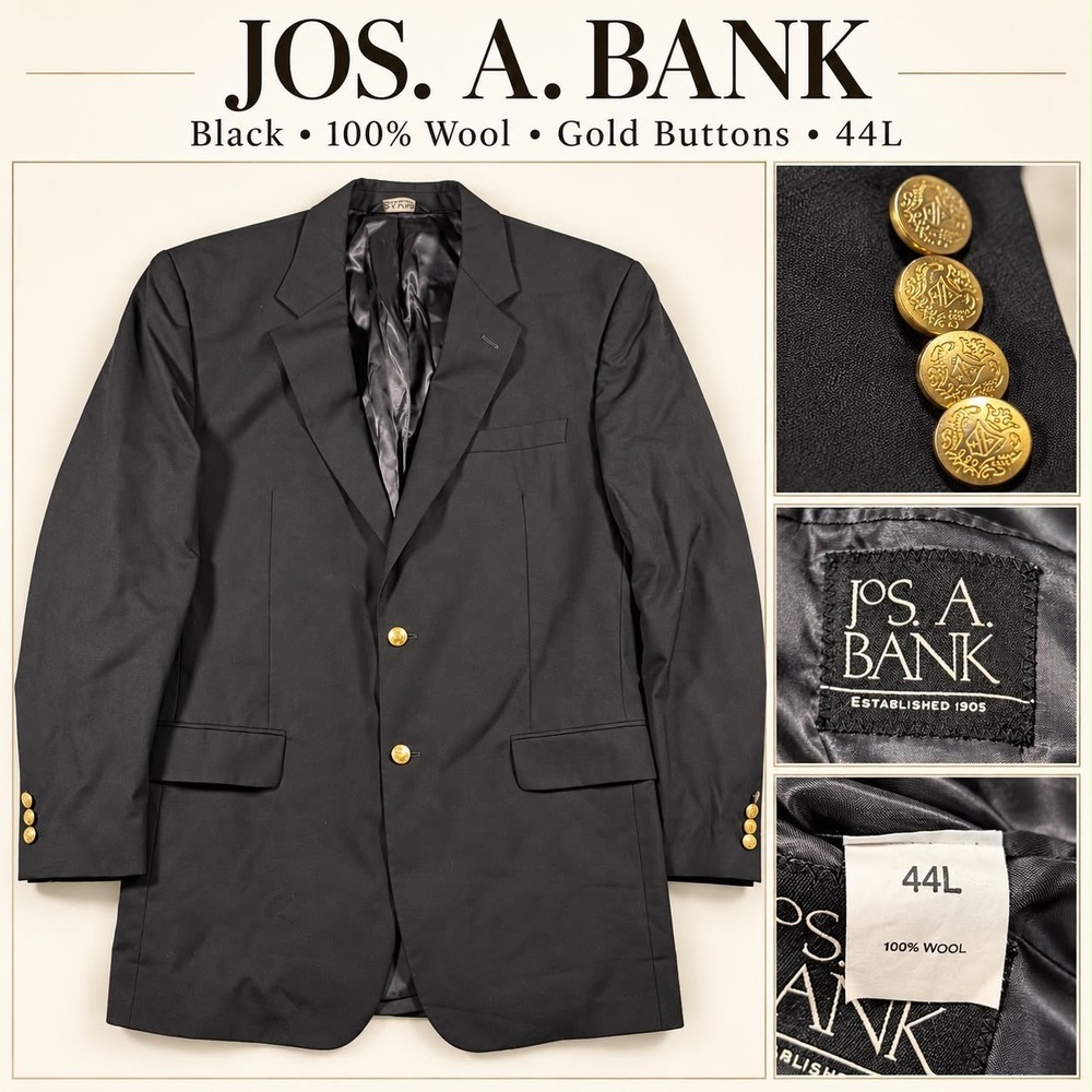 Jos. A. Bank Blazer Mens 44L Black 100% Wool Metal Golden Crest Button Jacket